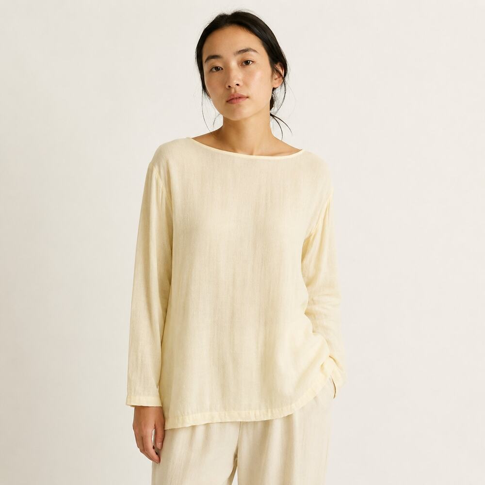 Black Crane Tunic Top Medium Cream Ivory Boat Neck Rayon Wool Long Sleeve USA